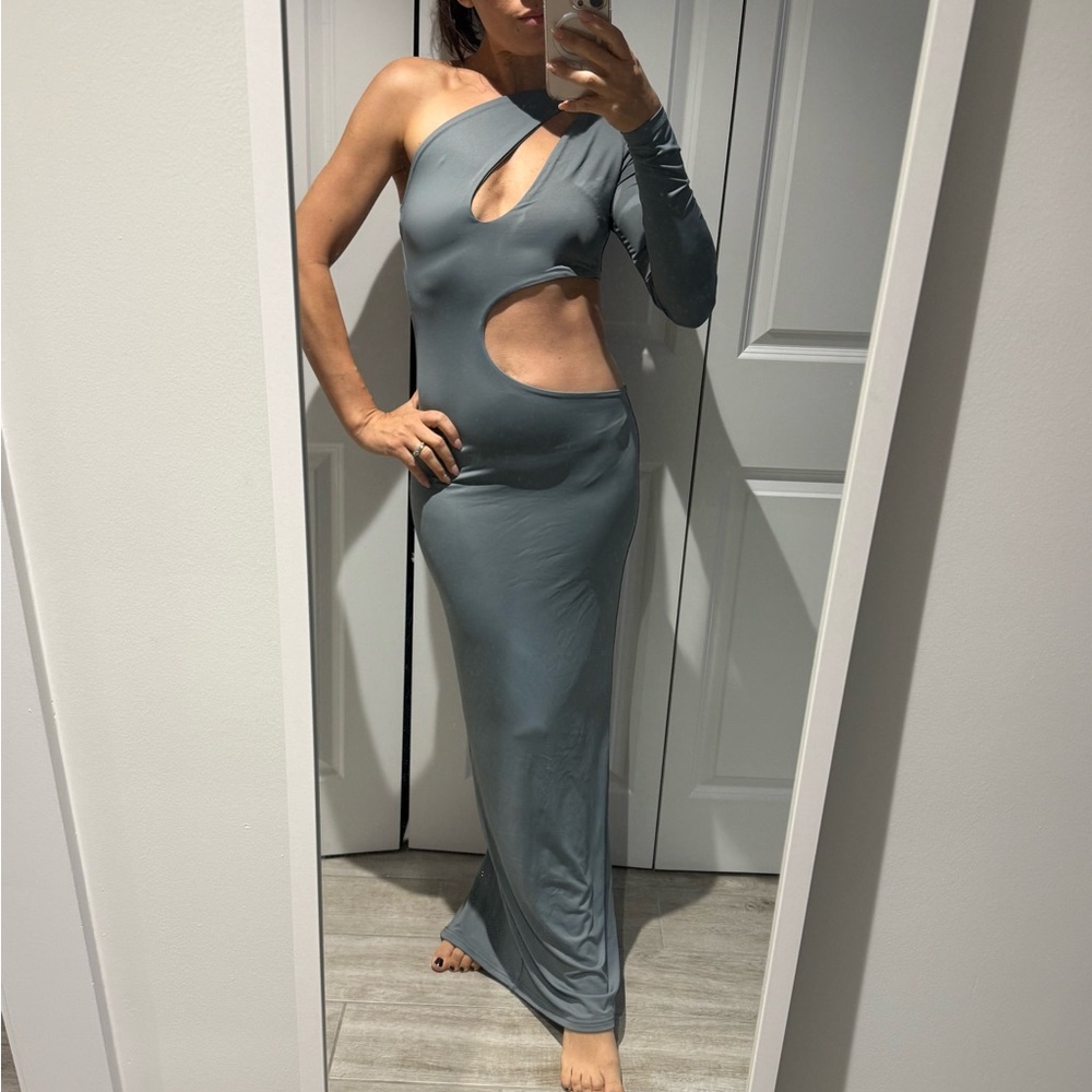 NWT Meshki “Joyce” One-Shoulder charcoal Cutout Dress